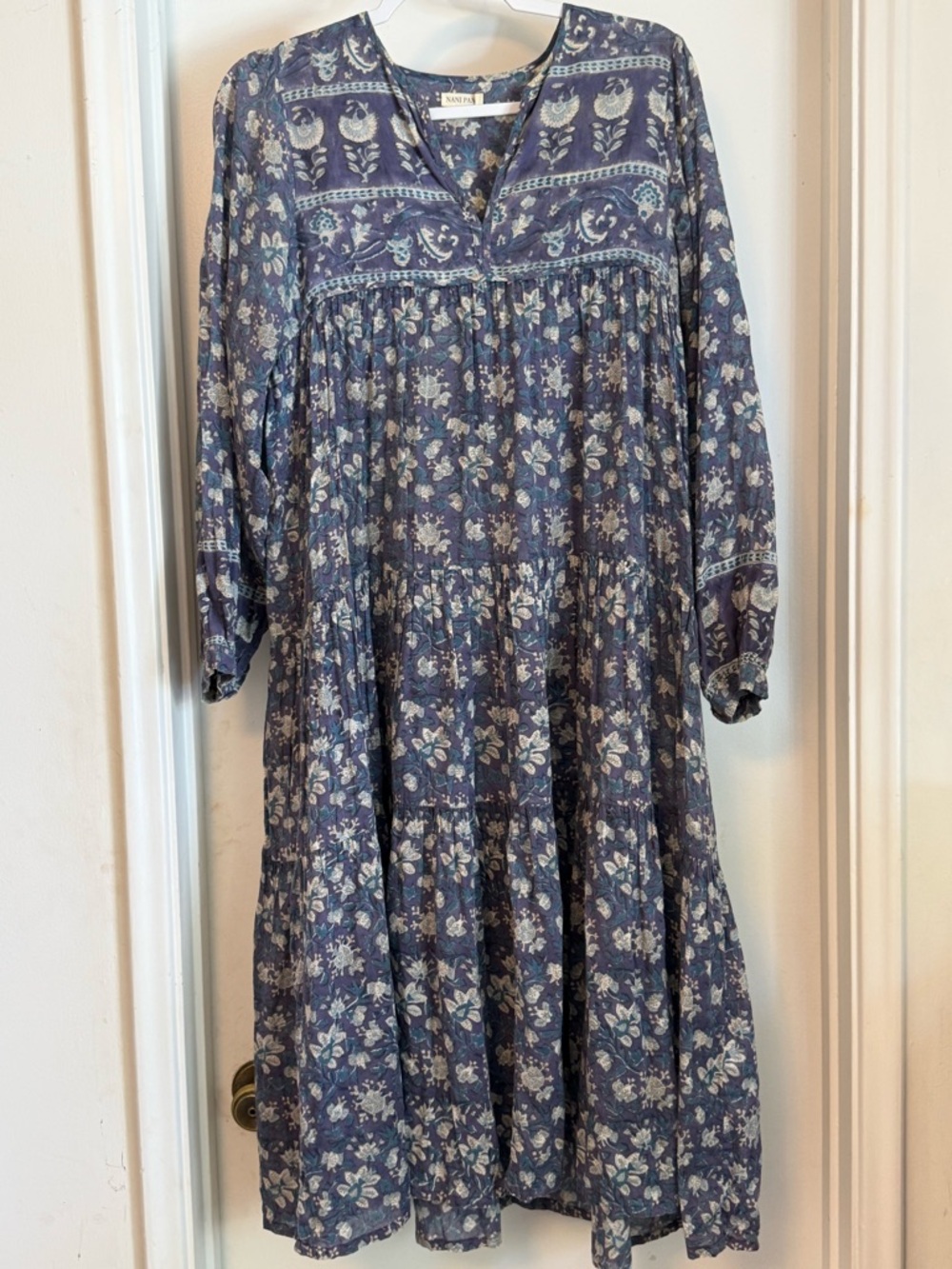 Women's Blue Floral Tiered Long Sleeve Dress